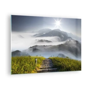 Impression sur verre - Image sur verre - Paysage de montagne avec brouillard et escaliers menant au sommet - 70x50cm - Toujours plus haut vers les nuages - Décoration murale moderne pour le salon et la chambre ARTTOR