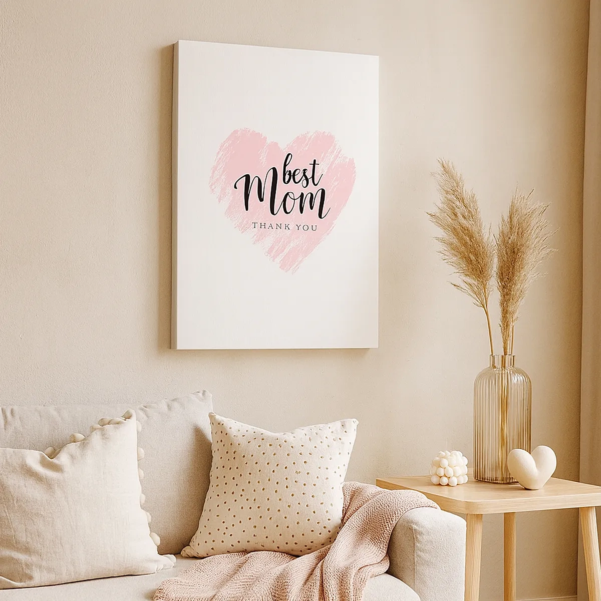 Impression sur toile - Image sur toile - Cœur rose avec les mots « Meilleure maman, merci » sur fond blanc - 50x70cm - Toujours au bon moment - Décoration murale moderne pour le salon et la chambre ARTTOR