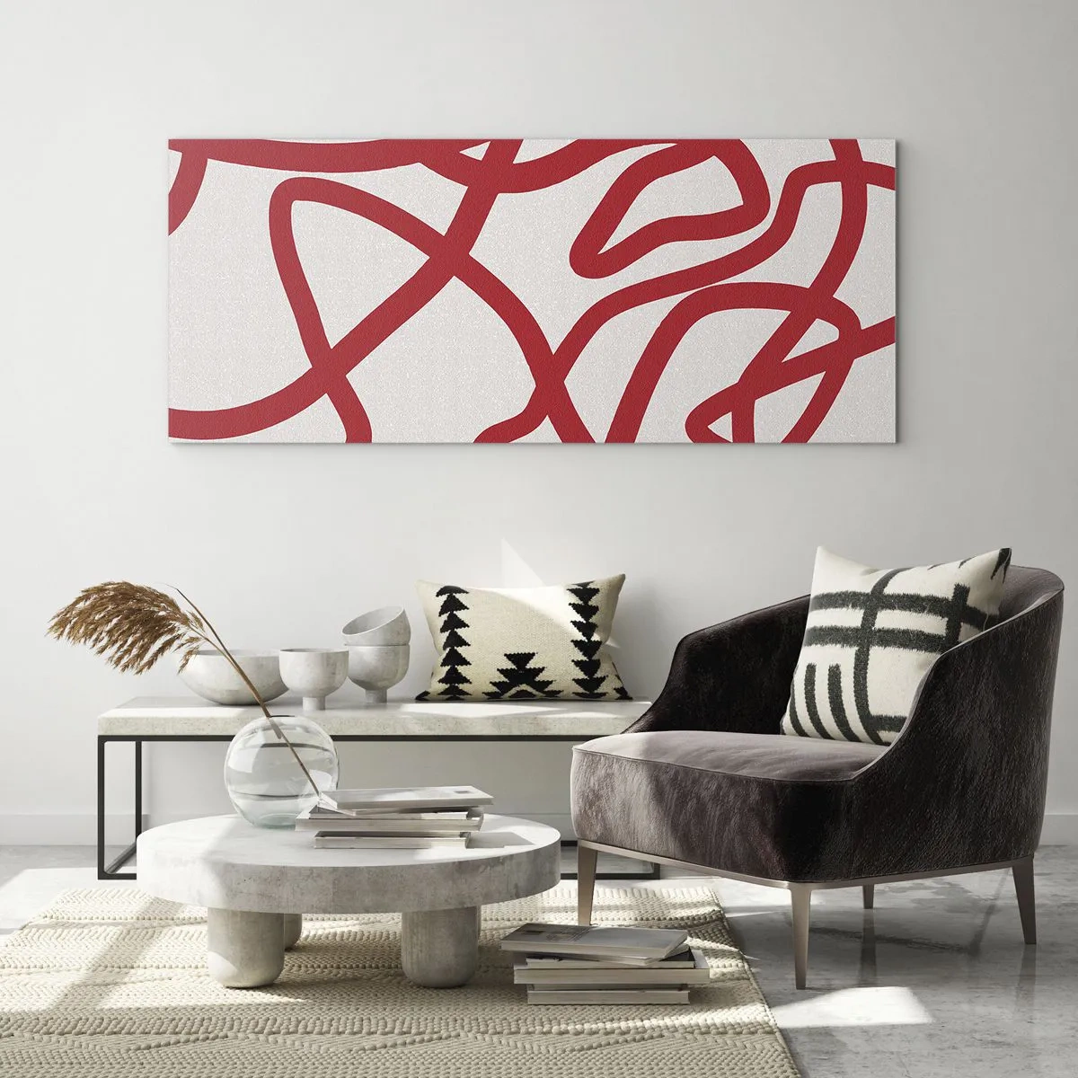 Impression sur verre - Image sur verre - Lignes abstraites rouges sur fond blanc - 140x50cm - Rouge sur blanc - Décoration murale moderne pour le salon et la chambre ARTTOR