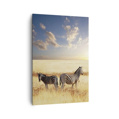 Impression sur toile - Image sur toile - Deux zèbres dans la savane sous les rayons du soleil couchant - 70x100cm - Va-t'en, n'ai pas de paix - Décoration murale moderne pour le salon et la chambre ARTTOR