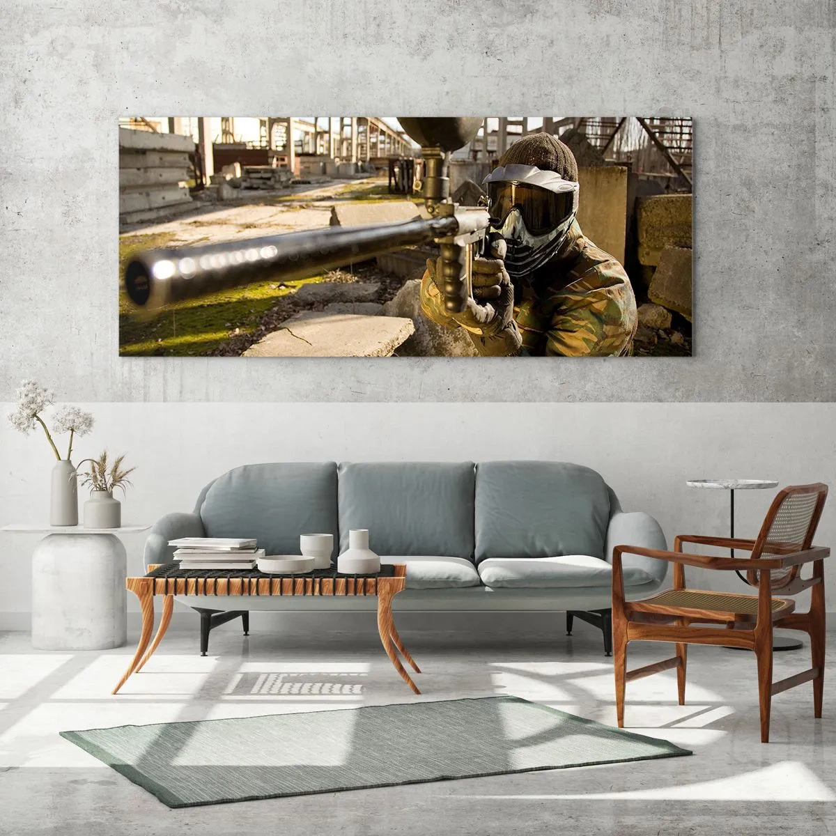 Impression sur verre - Image sur verre - Un joueur de paintball en tenue de camouflage visant un marqueur - 140x50cm - Et vous pouvez devenir un héros - Décoration murale moderne pour le salon et la chambre ARTTOR