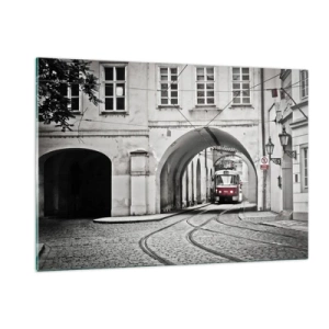 Impression sur verre - Image sur verre - Tramway noir et blanc dans une vieille rue - 120x80cm - Dans le labyrinthe de la ville - Décoration murale moderne pour le salon et la chambre ARTTOR