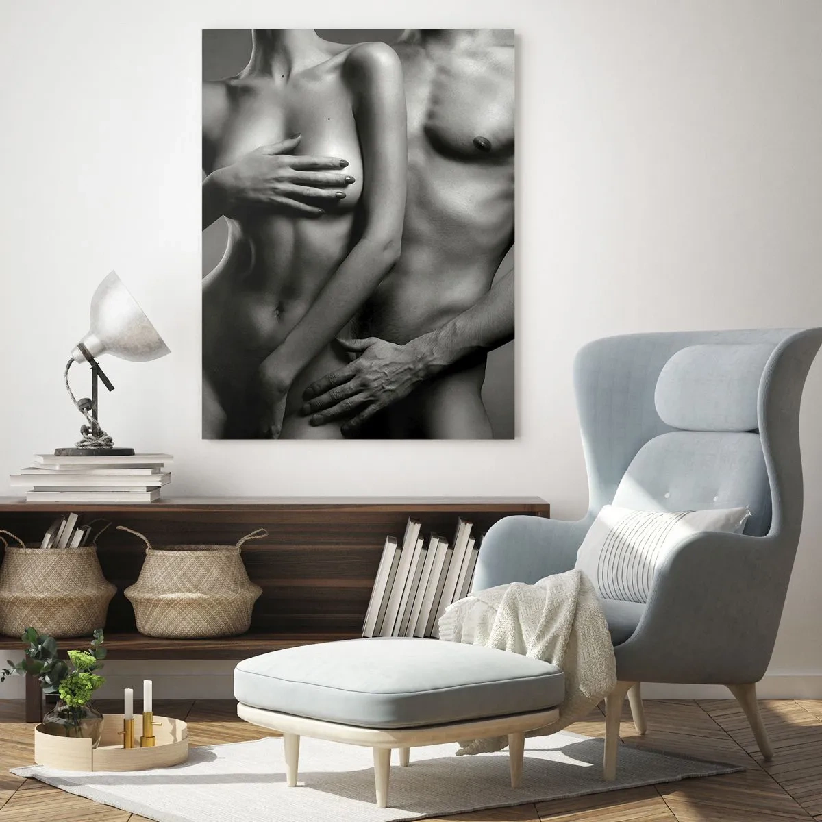 Impression sur verre - Image sur verre - Composition en noir et blanc avec des silhouettes nues d'un couple - 50x70cm - Adam et Eve - Décoration murale moderne pour le salon et la chambre ARTTOR