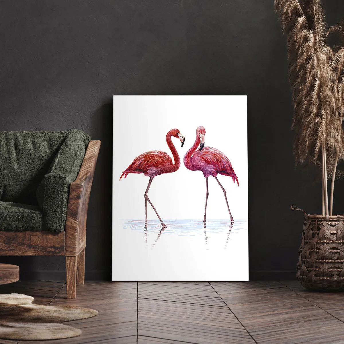 Impression sur toile - Image sur toile - Une paire de flamants roses dans l'eau sur un fond clair - 70x100cm - Rendez-vous rose - Décoration murale moderne pour le salon et la chambre ARTTOR