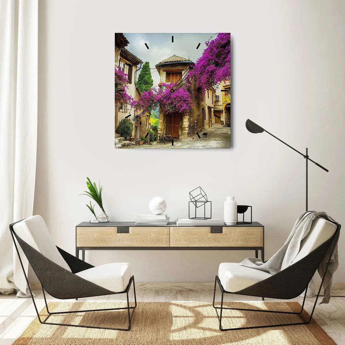 Horloge murale - Pendule murale - Une rue en pierre avec des fleurs roses et des maisons - 30x30cm - Sous un dais fleuri - Décoration murale moderne pour le salon et la chambre ARTTOR