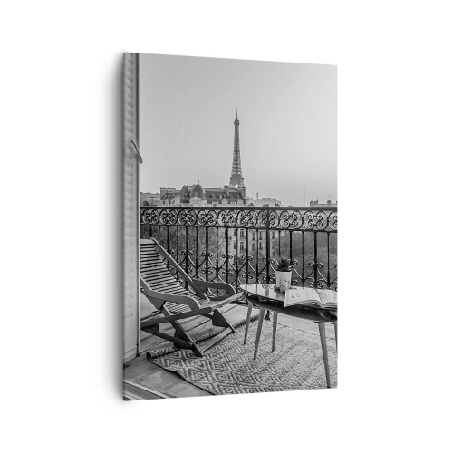Impression sur toile - Image sur toile - Vue sur la Tour Eiffel depuis le balcon avec transats et table - 70x100cm - Après-midi parisien - Décoration murale moderne pour le salon et la chambre ARTTOR