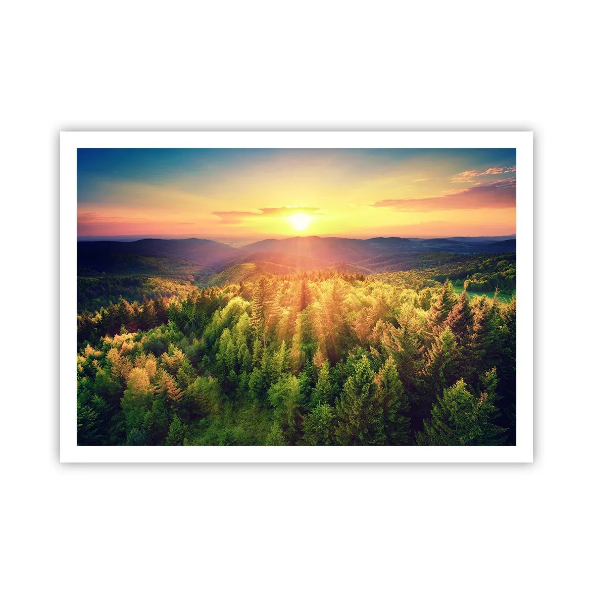 Affiche - Poster - Paysage forestier avec coucher de soleil sur les collines - 100x70cm - Monts et sommets - Décoration murale moderne pour le salon et la chambre ARTTOR