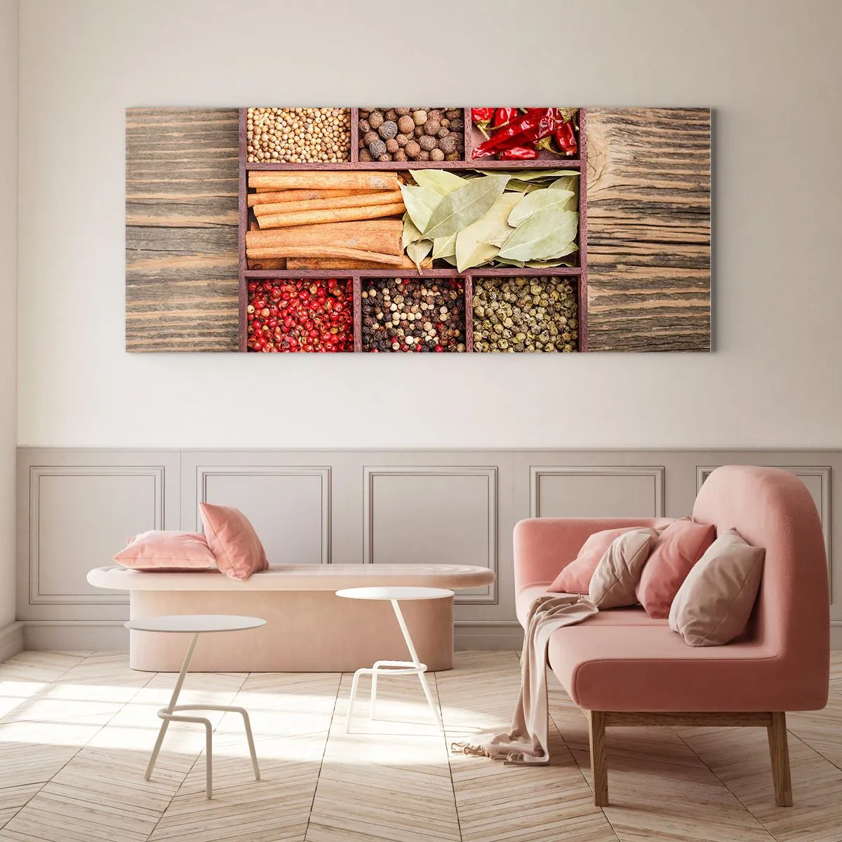 Impression sur verre - Image sur verre - Boîte en bois avec diverses épices dans des compartiments - 120x50cm - Ordre des formes, bouquet d'arômes - Décoration murale moderne pour le salon et la chambre ARTTOR