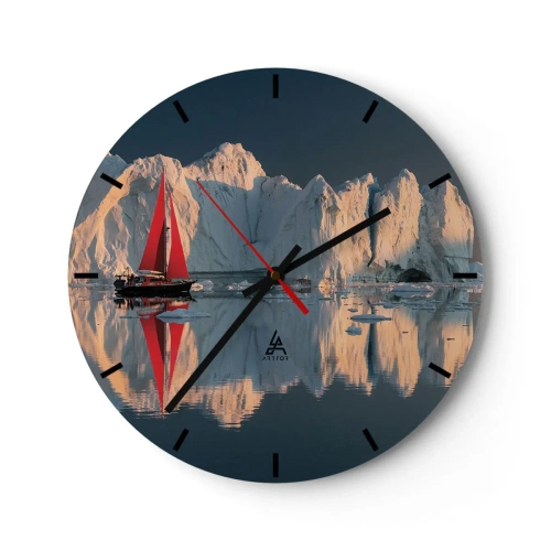Horloge murale - Pendule murale - Un voilier aux voiles rouges sur fond d'icebergs - 30x30cm - Aux limites du monde - Décoration murale moderne pour le salon, la cuisine et la chambre ARTTOR