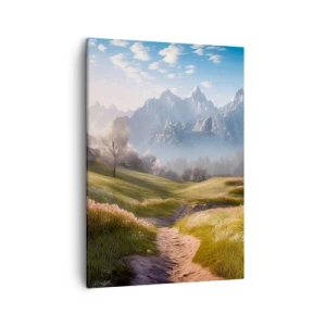 Impression sur toile - Image sur toile - Une vallée de montagne avec des prairies, des cabanes et une vue sur les sommets - 50x70cm - Vallée idyllique - Décoration murale moderne pour le salon et la chambre ARTTOR