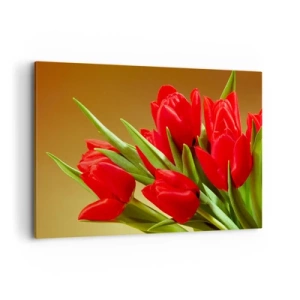 Impression sur toile - Image sur toile - Un bouquet de tulipes rouges sur fond doré avec des feuilles vertes. - 120x80cm - Amas de joie printanière - Décoration murale moderne pour le salon et la chambre ARTTOR