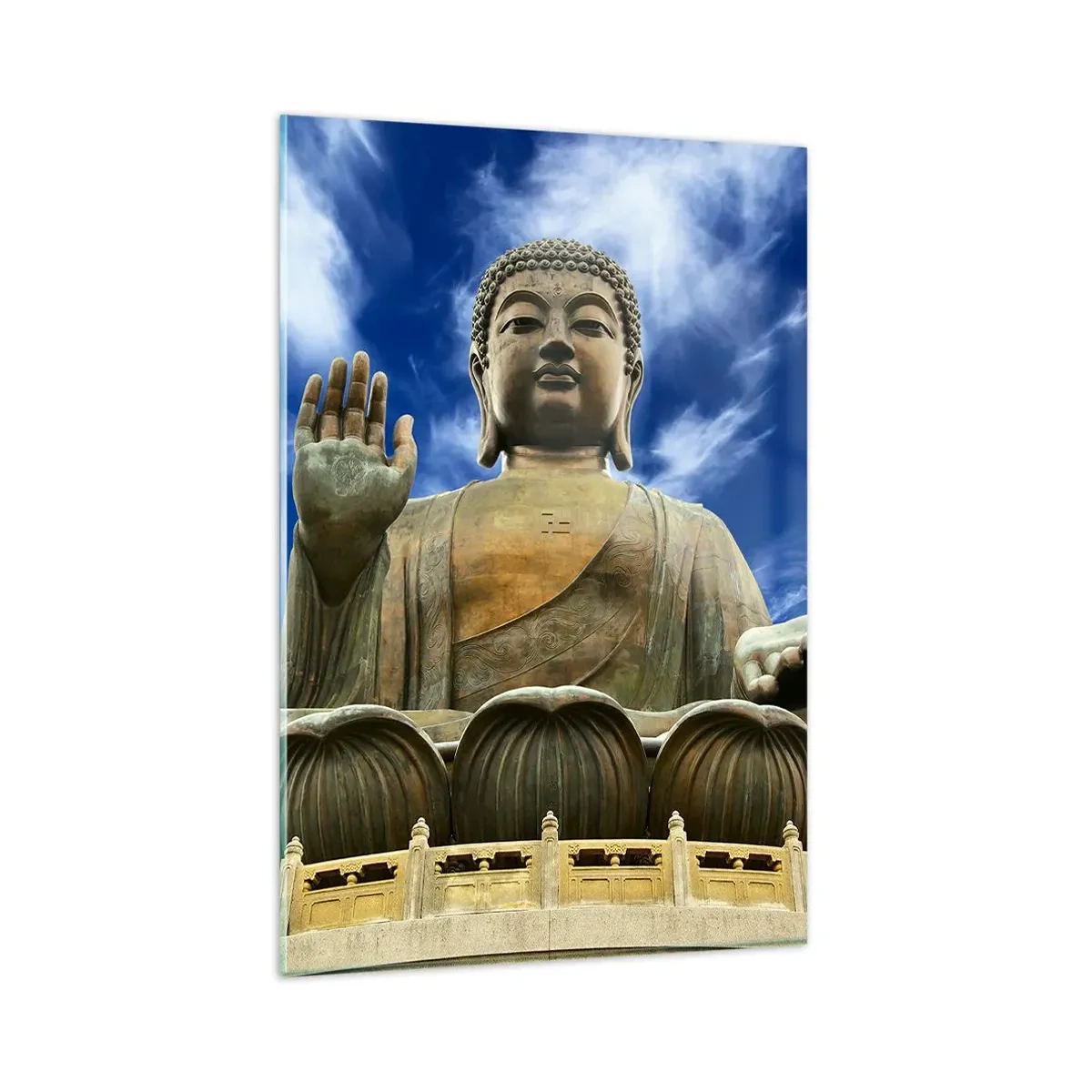 Impression sur verre - Image sur verre - Une statue monumentale de Bouddha contre un ciel bleu avec des nuages - 80x120cm - Vivre sans peur - Décoration murale moderne pour le salon et la chambre ARTTOR