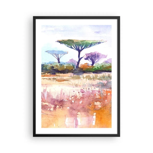Affiche dans un cadre noir - Poster - Une aquarelle représentant un paysage de savane avec des acacias. - 50x70cm - Couleurs de savane - Décoration murale moderne pour le salon et la chambre ARTTOR