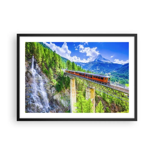 Affiche dans un cadre noir - Poster - Des montagnes russes sur un pont avec vue sur une cascade et des montagnes - 70x50cm - Train dans les Alpes - Décoration murale moderne pour le salon et la chambre ARTTOR