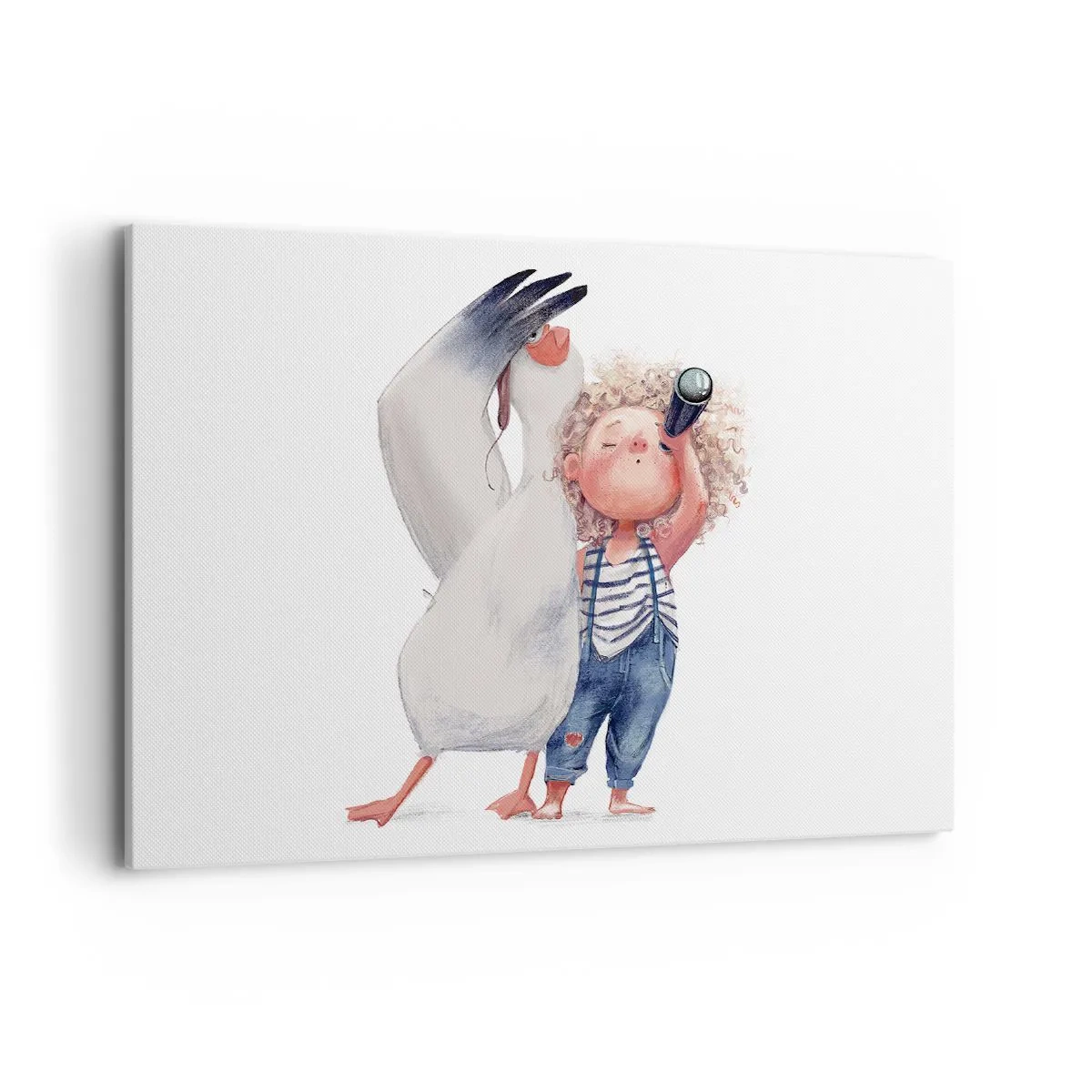 Impression sur toile - Image sur toile - Illustration d'un enfant avec un pélican et un télescope à la main - 100x70cm - Plan de grand voyage - Décoration murale moderne pour le salon et la chambre ARTTOR