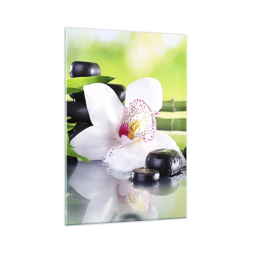Impression sur verre - Image sur verre - Orchidée, pierres et bambou dans une composition spa harmonieuse - 70x100cm - Raffraîchissement de fraîcheur - Décoration murale moderne pour le salon et la chambre ARTTOR