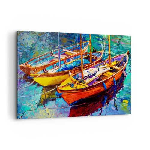 Impression sur toile - Image sur toile - Bateaux colorés sur une eau calme - 120x80cm - Sur l'eau épaisse de couleurs - Décoration murale moderne pour le salon et la chambre ARTTOR