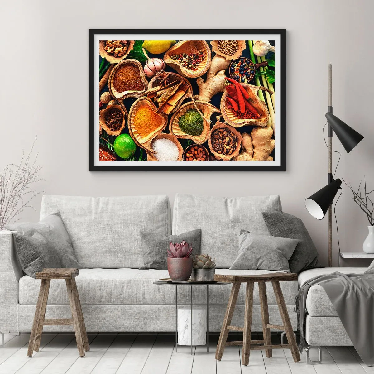 Affiche dans un cadre noir - Poster - Bols d'épices de différentes couleurs - 70x50cm - Prends ce que tu veux - Décoration murale moderne pour le salon et la chambre ARTTOR