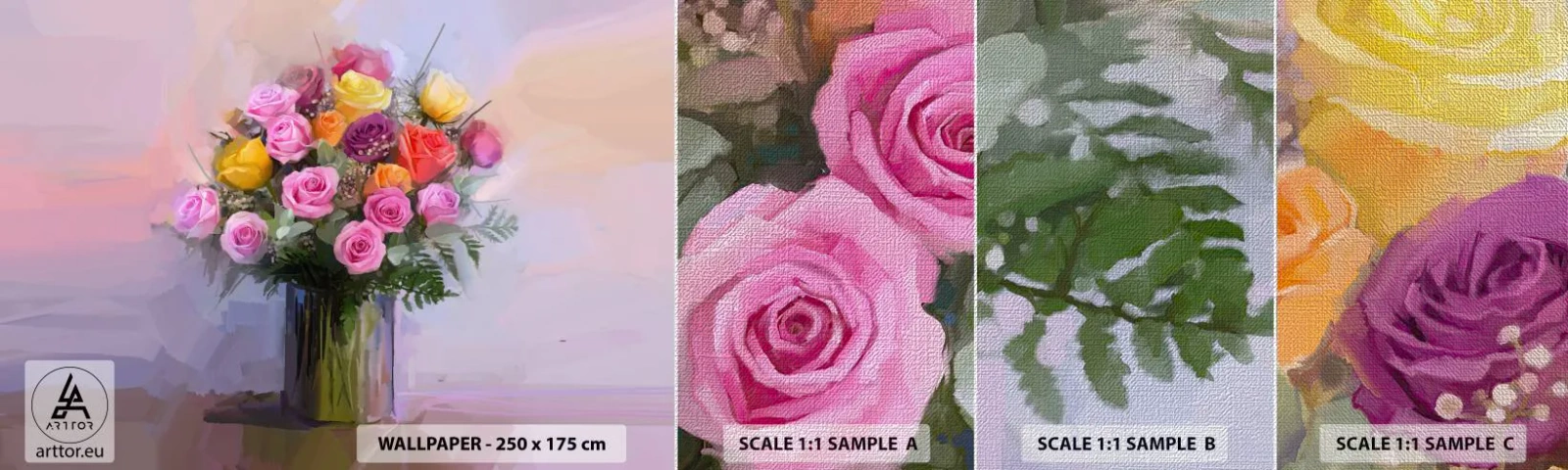 Échantillon de Papier Peint Premium Canvas - Beauté conservée - Vase avec des fleurs, Bouquet de fleurs, Morceau - 100x30 cm