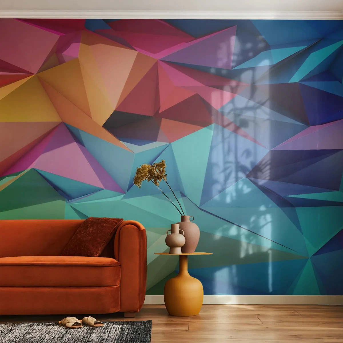 Papier Peint Photo Premium Sand - Abstraction géométrique colorée en style 3D - 100x70cm - Origami arc-en-ciel - Décoration murale moderne pour le salon et la chambre ARTTOR