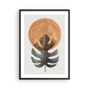 Affiche dans un cadre noir - Poster - Une feuille de monstera sur un cercle orange chaud - 50x70cm - Toujours le soleil - Décoration murale moderne pour le salon et la chambre ARTTOR