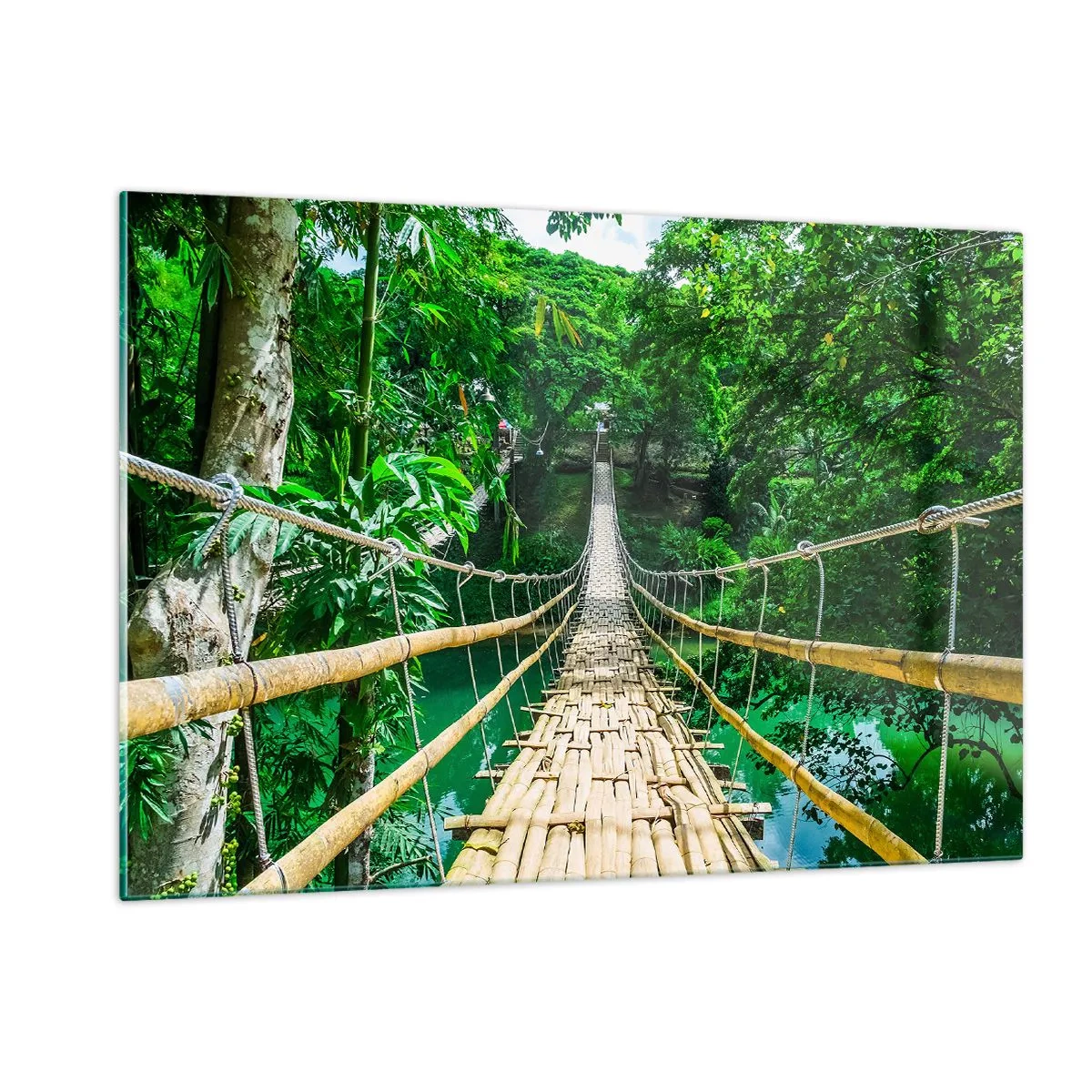Impression sur verre - Image sur verre - Un pont en bambou suspendu au milieu de la verdure tropicale au-dessus d'une rivière - 120x80cm - Pont de singe en pleine nature - Décoration murale moderne pour le salon et la chambre ARTTOR