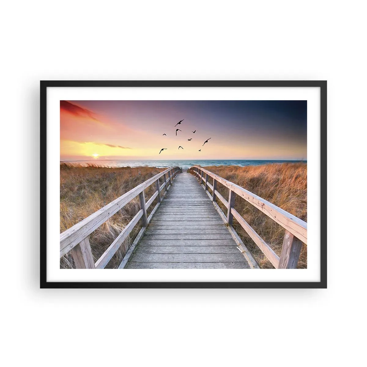 Affiche dans un cadre noir - Poster - Jetée en bois menant à la plage au coucher du soleil - 70x50cm - Envol des espaces - Décoration murale moderne pour le salon et la chambre ARTTOR