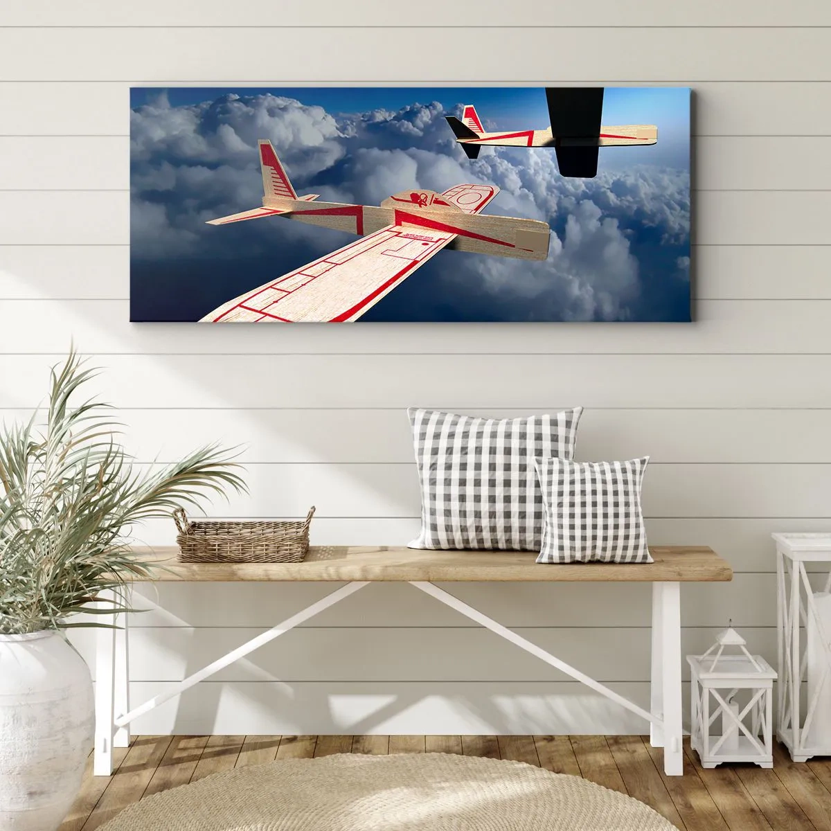 Impression sur toile - Image sur toile - Deux avions en bois planant au-dessus des nuages contre un ciel bleu. - 160x50cm - Encore plus haut, encore plus loin - Décoration murale moderne pour le salon et la chambre ARTTOR
