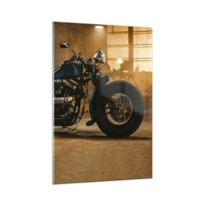 Impression sur verre - Image sur verre - Une moto élégante dans un intérieur industriel avec un éclairage chaleureux - 80x120cm - Je peux tout - Décoration murale moderne pour le salon et la chambre ARTTOR