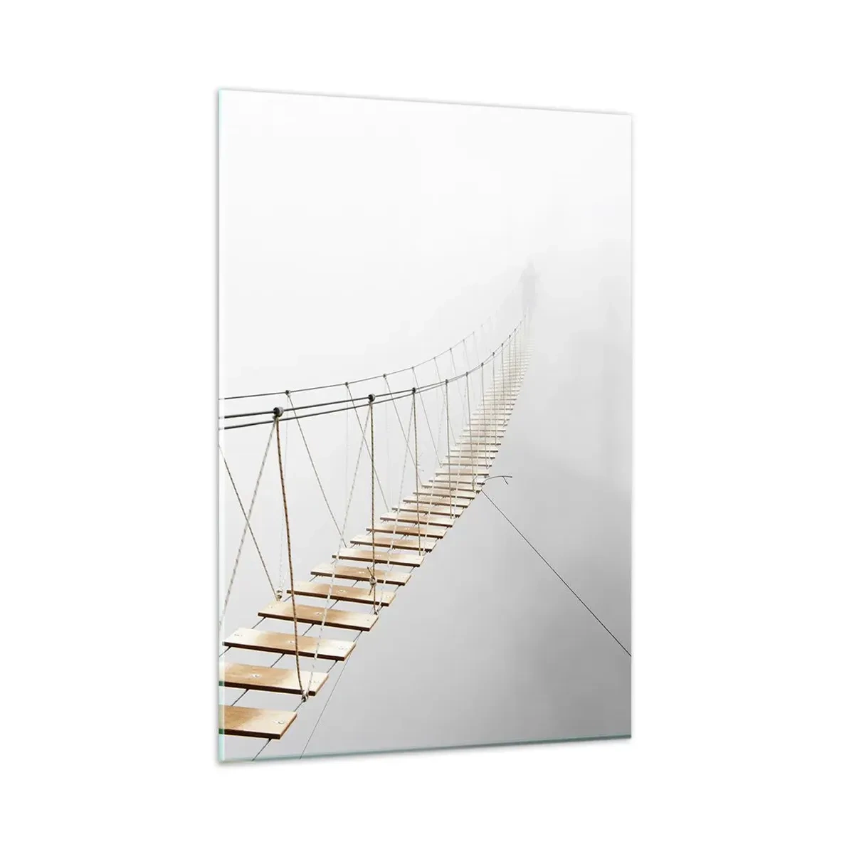Impression sur verre - Image sur verre - Un pont suspendu dans le brouillard vu d'une perspective minimaliste - 80x120cm - Où cela va-t-il te mener? - Décoration murale moderne pour le salon et la chambre ARTTOR