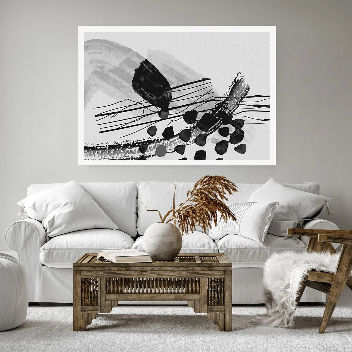 Affiche - Poster - Composition abstraite en noir et blanc avec des formes organiques - 100x70cm - Abstraction organique noir et blanc - Décoration murale moderne pour le salon et la chambre ARTTOR