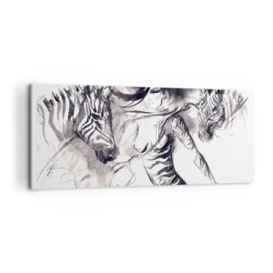 Impression sur toile - Image sur toile - Une femme dans une danse dynamique avec des zèbres dans une esthétique noir et blanc - 120x50cm - Danse avec les zèbres - Décoration murale moderne pour le salon et la chambre ARTTOR