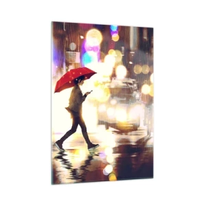 Impression sur verre - Image sur verre - Une silhouette avec un parapluie rouge dans une rue pluvieuse la nuit - 50x70cm - Et pourtant ensoleillé - Décoration murale moderne pour le salon et la chambre ARTTOR