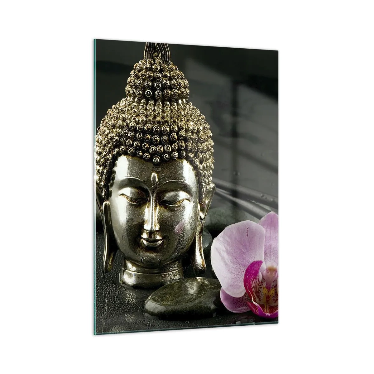 Impression sur verre - Image sur verre - Tête bouddhiste avec une fleur rose sur un fond de pierres - 50x70cm - Harmonie de la sagesse et de la beauté - Décoration murale moderne pour le salon et la chambre ARTTOR