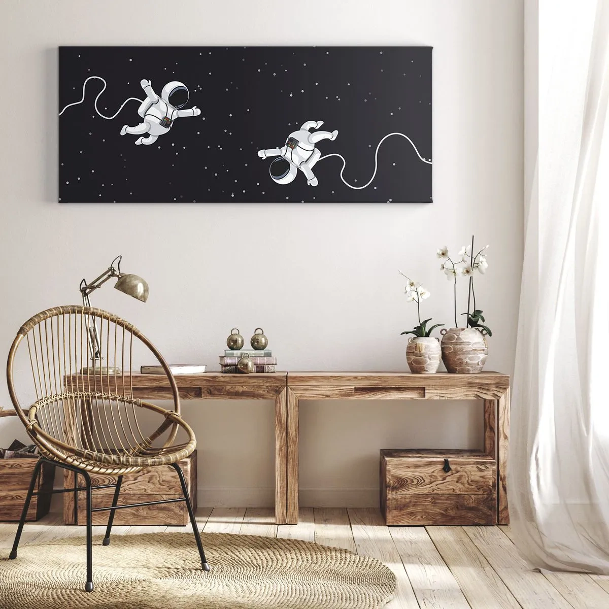 Impression sur toile - Image sur toile - Des astronautes flottant dans l'espace sur fond d'étoiles - 120x50cm - Sortie cosmique - Décoration murale moderne pour le salon et la chambre ARTTOR