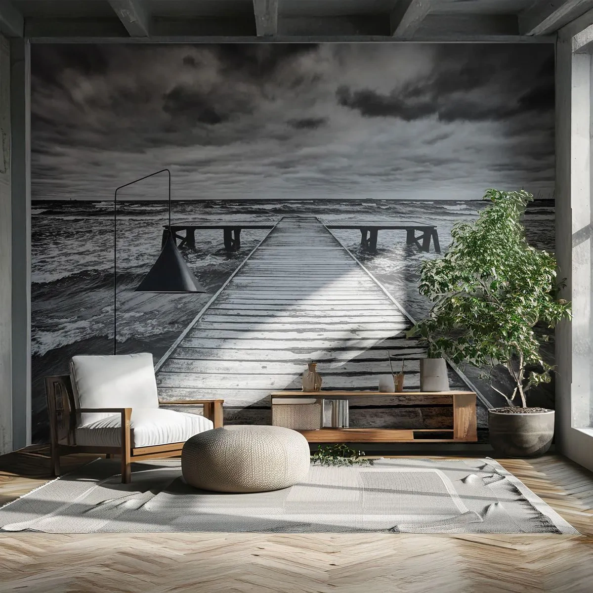 Papier Peint Photo Premium Canvas - J'attends que le vent, ça le chassera... - Paysage, Pont de bois, Mer - 150x105 cm
