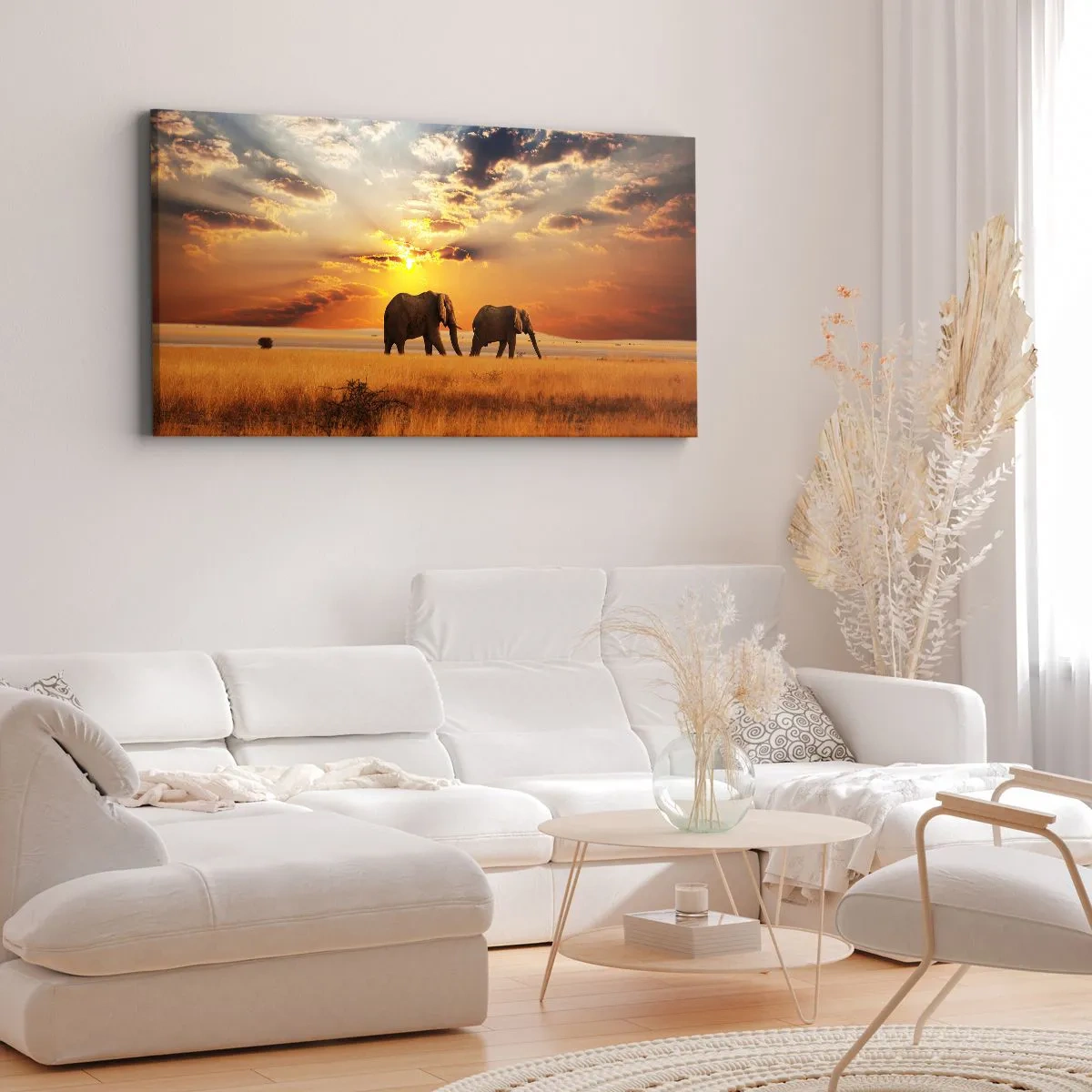 Impression sur toile - Image sur toile - Éléphants dans la savane au coucher du soleil - 140x50cm - Déambulation familliale - Décoration murale moderne pour le salon et la chambre ARTTOR
