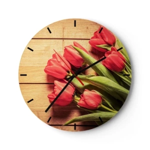 Horloge murale - Pendule murale - Tulipes rouges sur fond de bois - 30x30cm - Défi du printemps - Décoration murale moderne pour le salon, la cuisine et la chambre ARTTOR