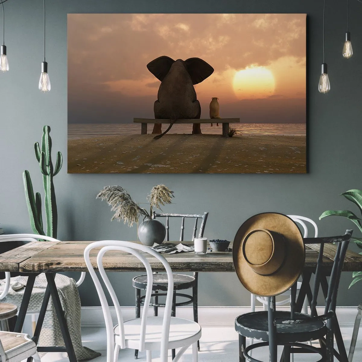 Impression sur toile - Image sur toile - Un éléphant et un chien sont assis sur un banc sur la plage au coucher du soleil. - 120x80cm - C'est bon de garder le silence ensemble - Décoration murale moderne pour le salon et la chambre ARTTOR
