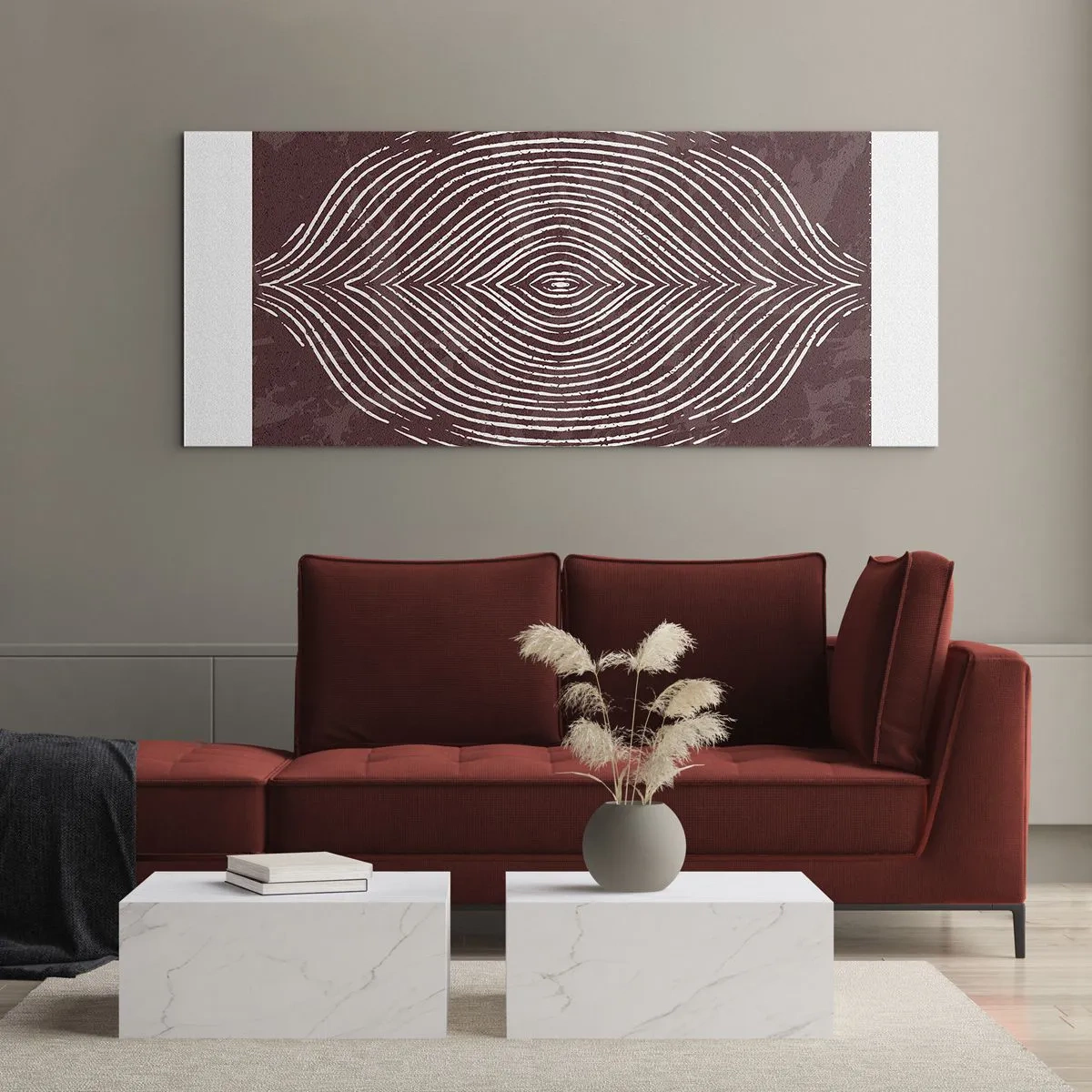 Impression sur verre - Image sur verre - Ondes symétriques en lignes blanches sur fond marron - 120x50cm - L'espace parle - Décoration murale moderne pour le salon et la chambre ARTTOR