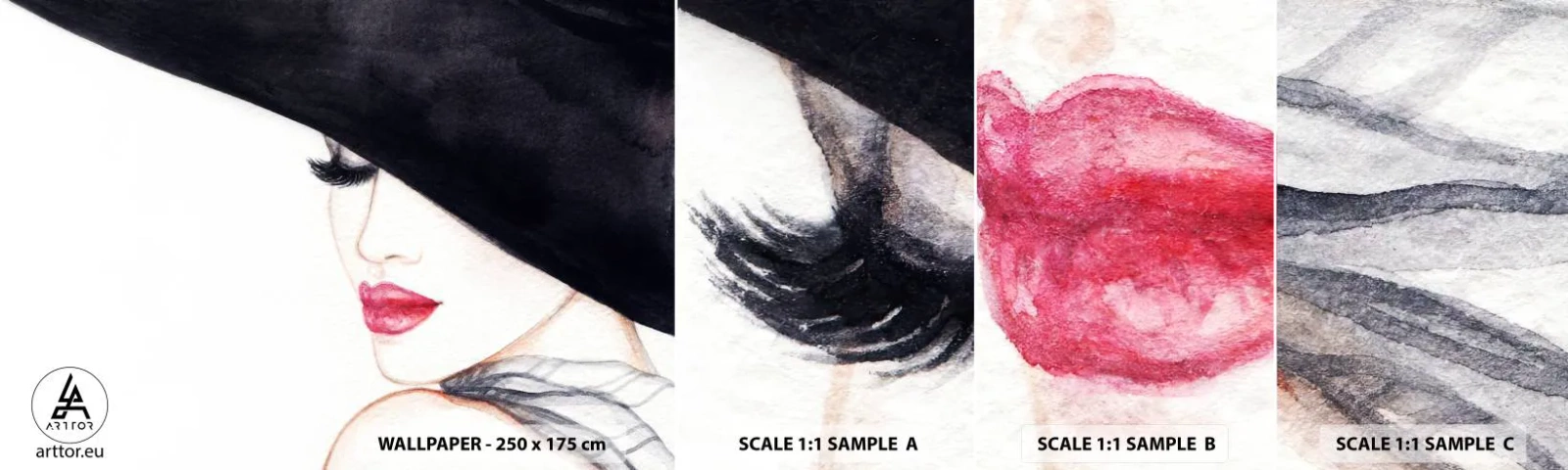 Échantillon De Papier Peint Standard Eco - Élégance et sensualité - Femme, lèvres rouges, Chapeau noir - 100x30 cm