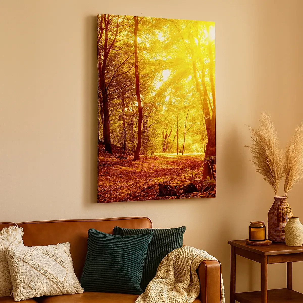 Impression sur toile - Image sur toile - Clairière d'automne sous le soleil doré avec un sentier forestier - 50x70cm - Vers la clairière dorée - Décoration murale moderne pour le salon et la chambre ARTTOR