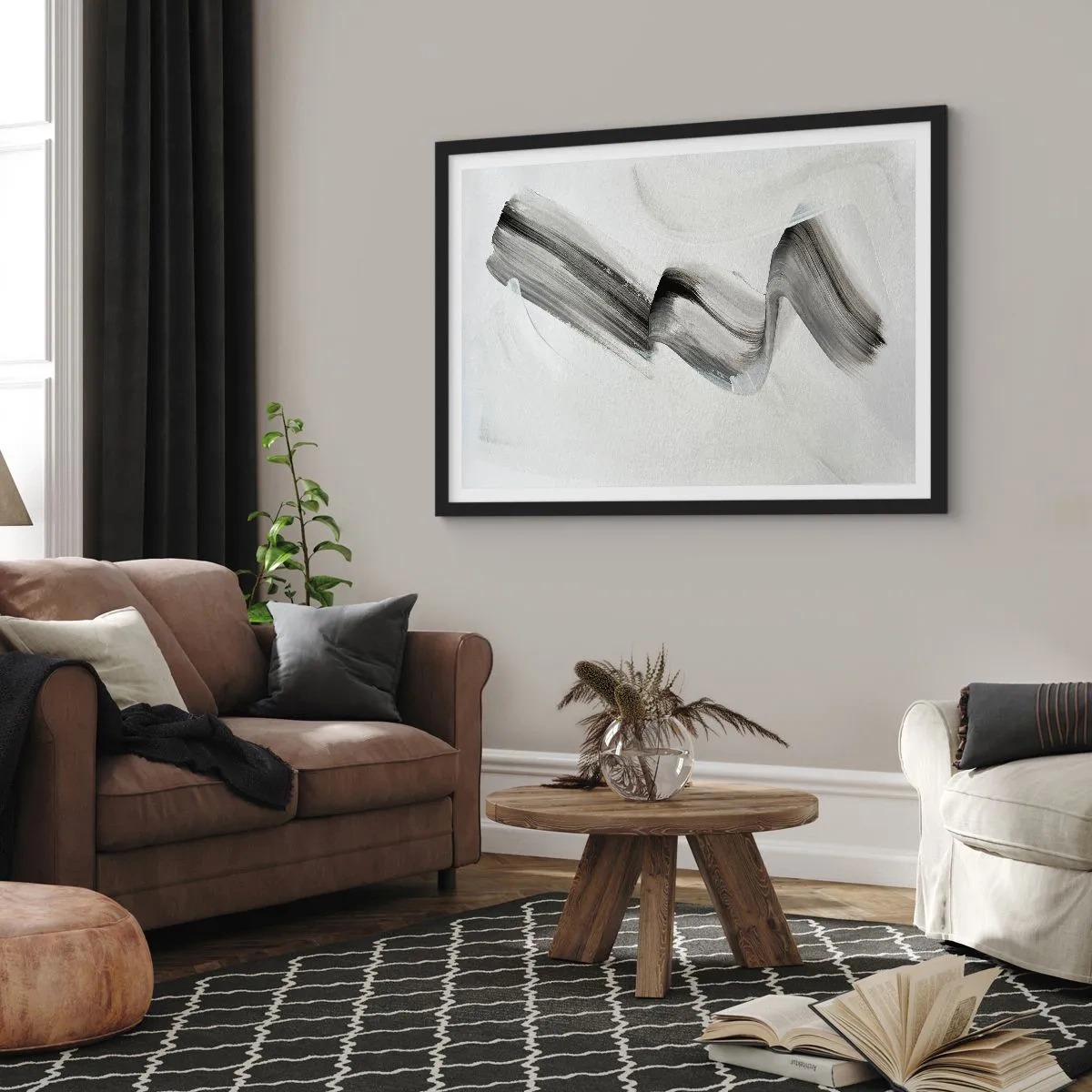 Affiche dans un cadre noir - Poster - Coup de pinceau abstrait noir et blanc sur fond clair - 100x70cm - Mine de rien pour s'amuser - Décoration murale moderne pour le salon et la chambre ARTTOR