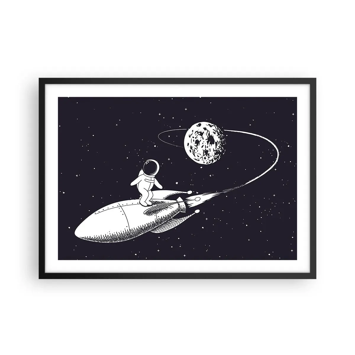 Affiche dans un cadre noir - Poster - Astronaute sur une fusée dans l'espace - 70x50cm - Surfeur de l'espace - Décoration murale moderne pour le salon et la chambre ARTTOR