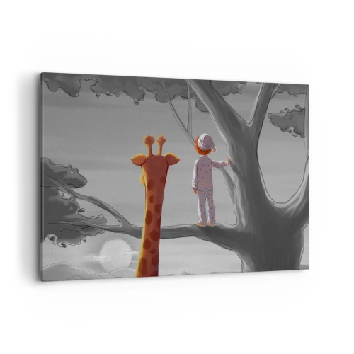 Impression sur toile - Image sur toile - Un enfant et une girafe sur une branche d'arbre dans un paysage de conte de fées - 120x80cm - Cela arrive vraiment - Décoration murale moderne pour le salon et la chambre ARTTOR