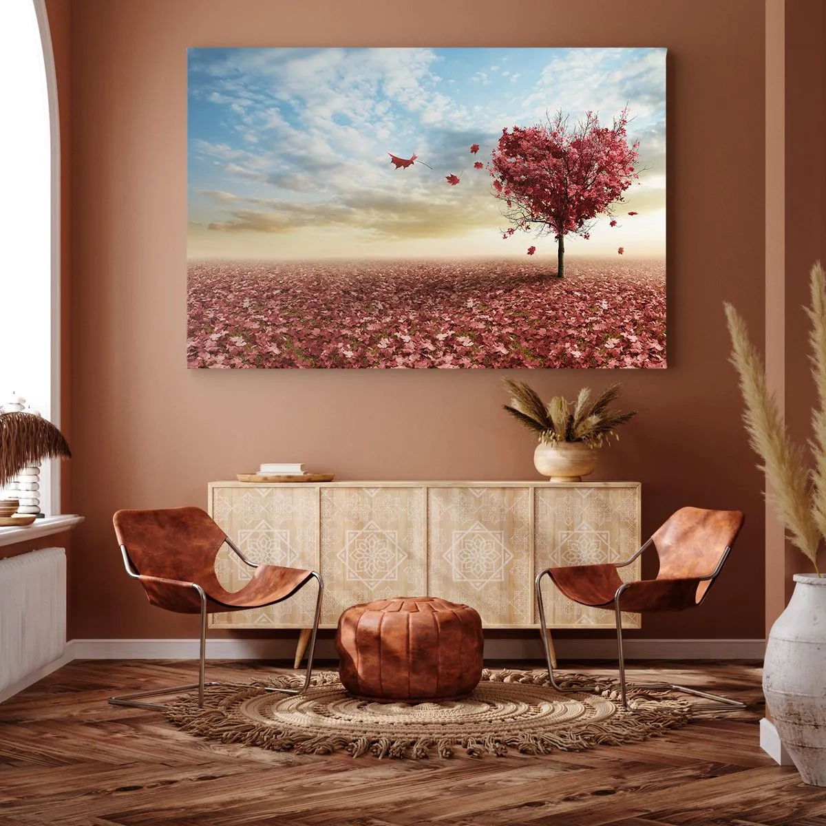 Impression sur toile - Image sur toile - Un arbre solitaire en forme de cœur dans un champ de feuilles rouges - 120x80cm - Vous allez aussi aimer l'automne - Décoration murale moderne pour le salon et la chambre ARTTOR