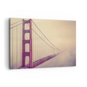 Impression sur toile - Image sur toile - Un pont dans le brouillard aux tons pastel, symbole d'élégance et de paix - 100x70cm - Entre ciel et terre - Décoration murale moderne pour le salon et la chambre ARTTOR