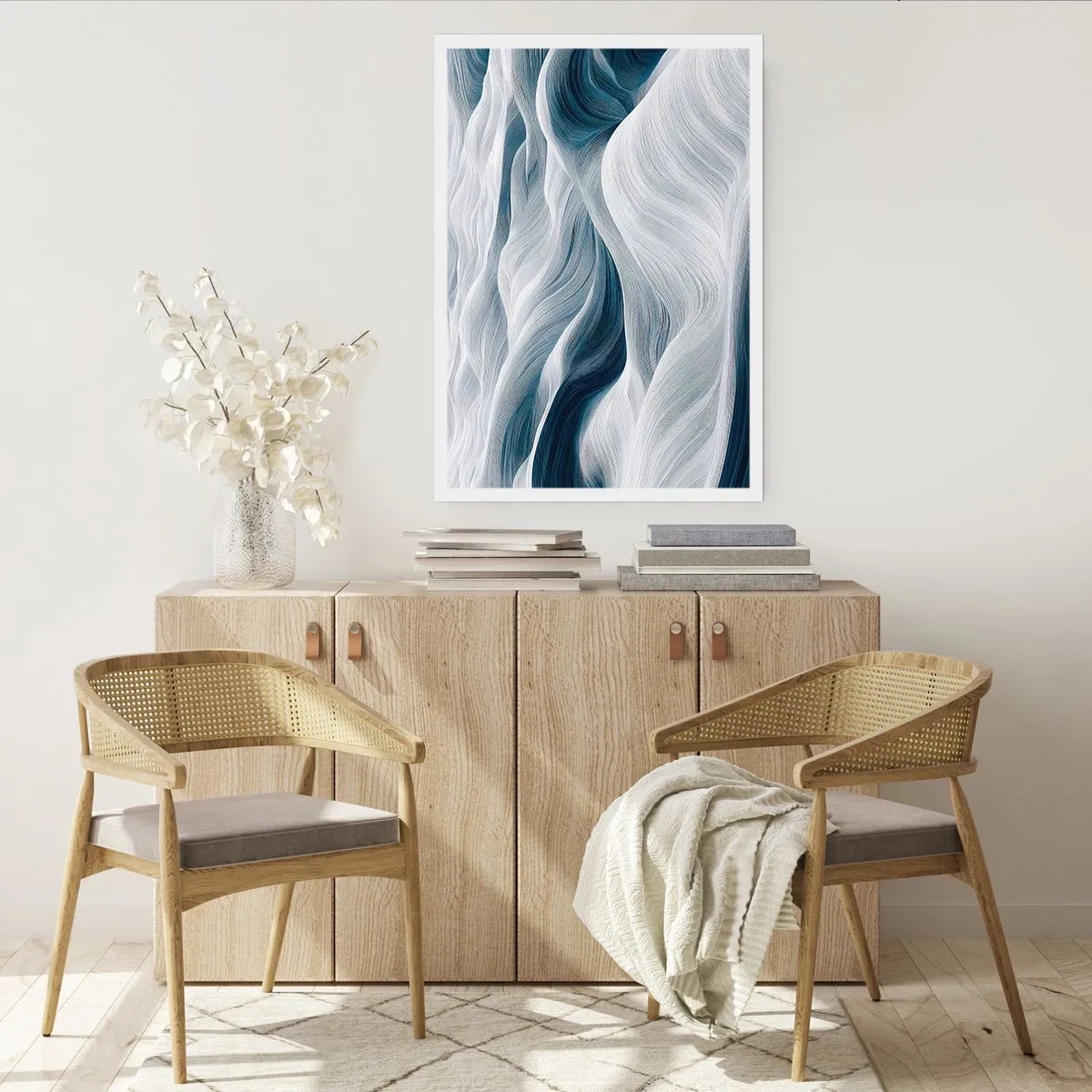 Affiche - Poster - Vagues abstraites dans des tons de blanc et de bleu marine - 50x70cm - Vagues blanches et bleues - Décoration murale moderne pour le salon et la chambre ARTTOR