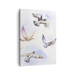 Impression sur toile - Image sur toile - Oiseaux à l'aquarelle en vol sur un ciel délicat - 50x70cm - Liberté en gris et bleu - Décoration murale moderne pour le salon et la chambre ARTTOR