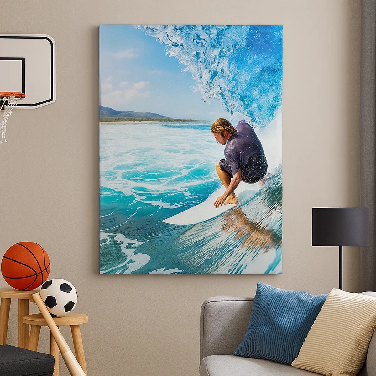 Impression sur toile - Image sur toile - Un surfeur dans une pose dynamique sur une vague dans une eau turquoise. - 50x70cm - Danse avec les vagues - Décoration murale moderne pour le salon et la chambre ARTTOR